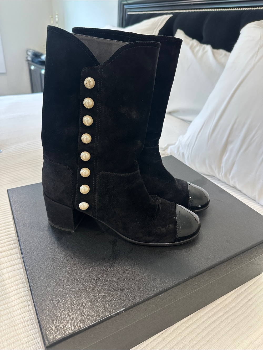 CHANEL Black Suede Mid-Calf Boots with Pearl Button Trim